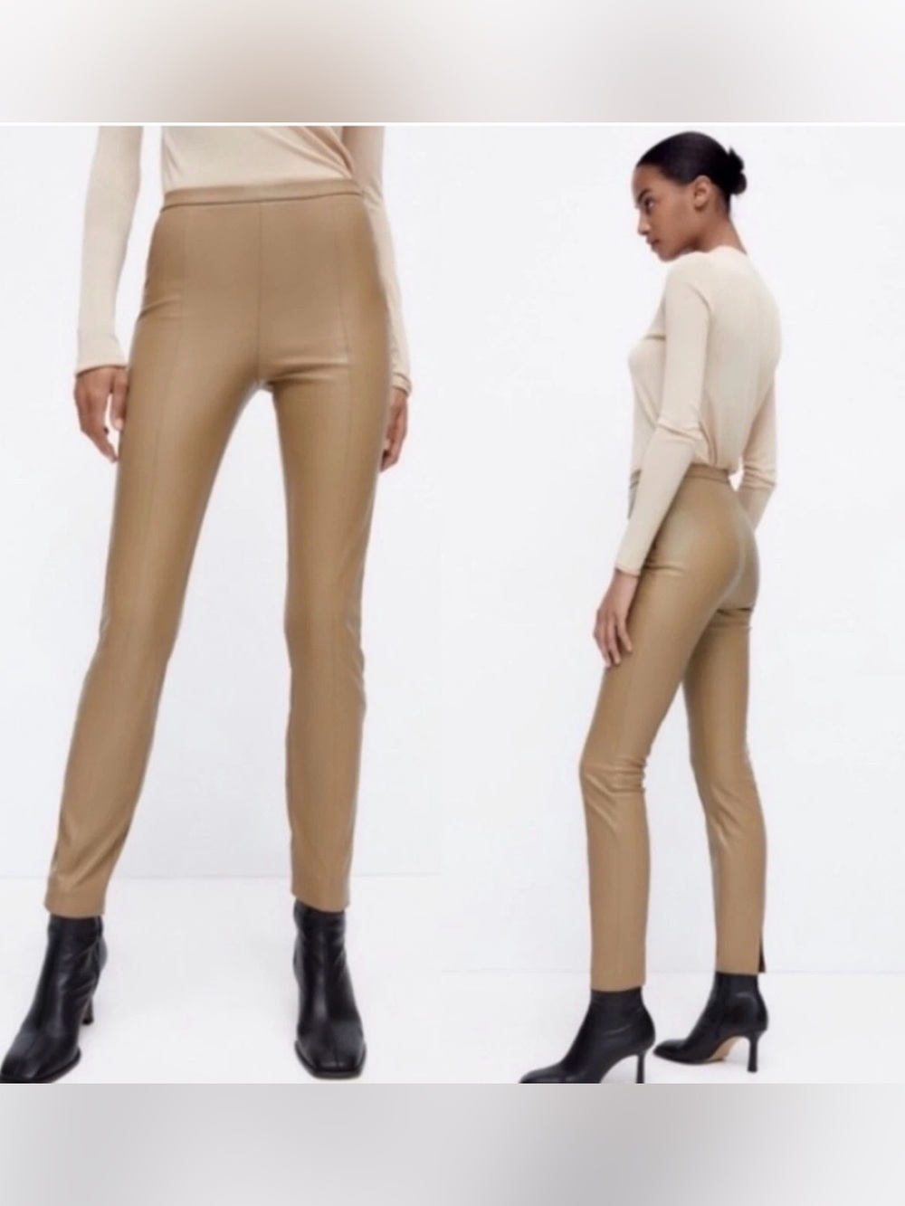 ZARA Faux Leather Pants Tan Straight Leg High Rise Size S